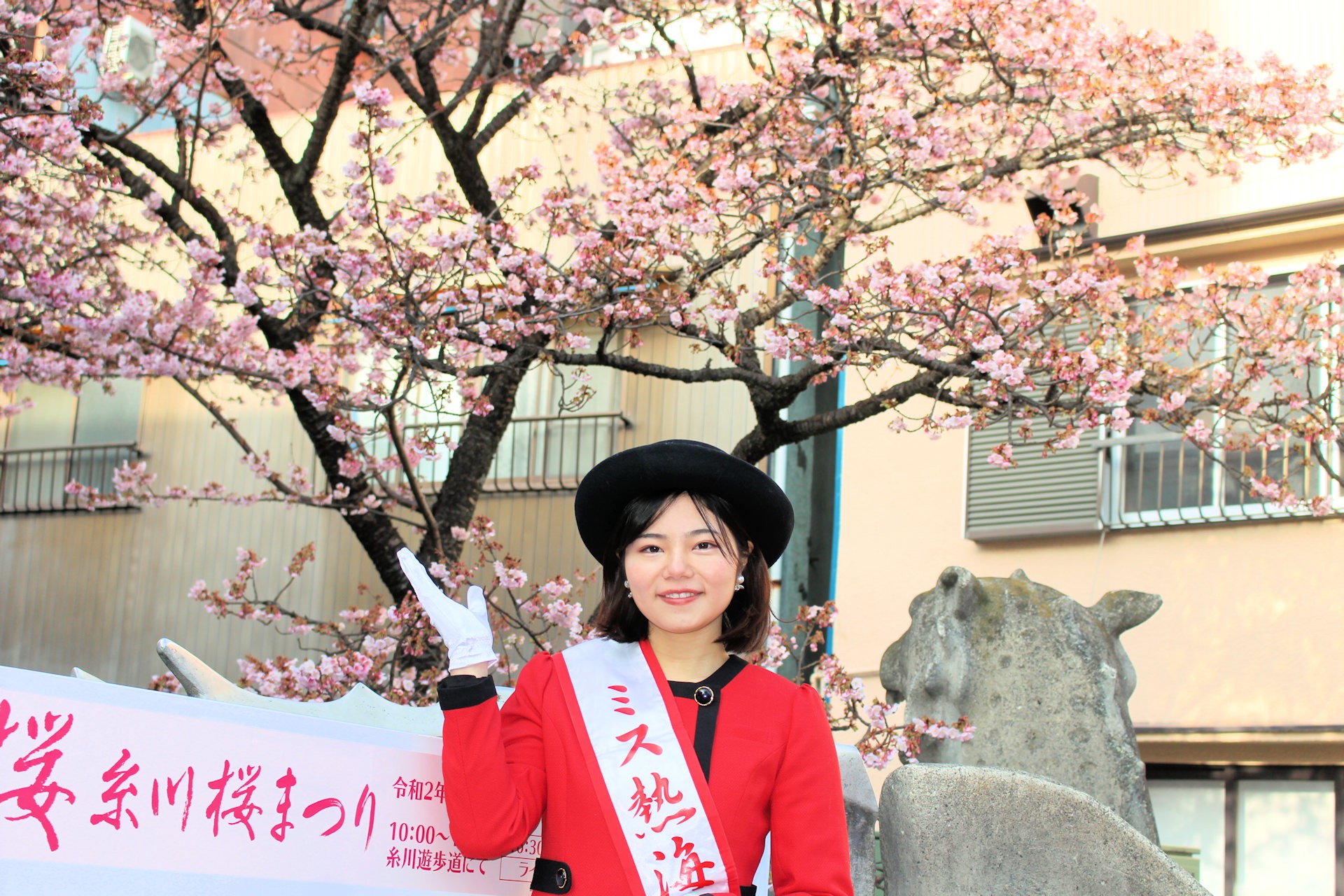 第31代（2020-2021）ミス熱海梅娘の佐藤未菜さんは「糸川桜まつり」で来場客の接遇に活躍（静岡県熱海市）