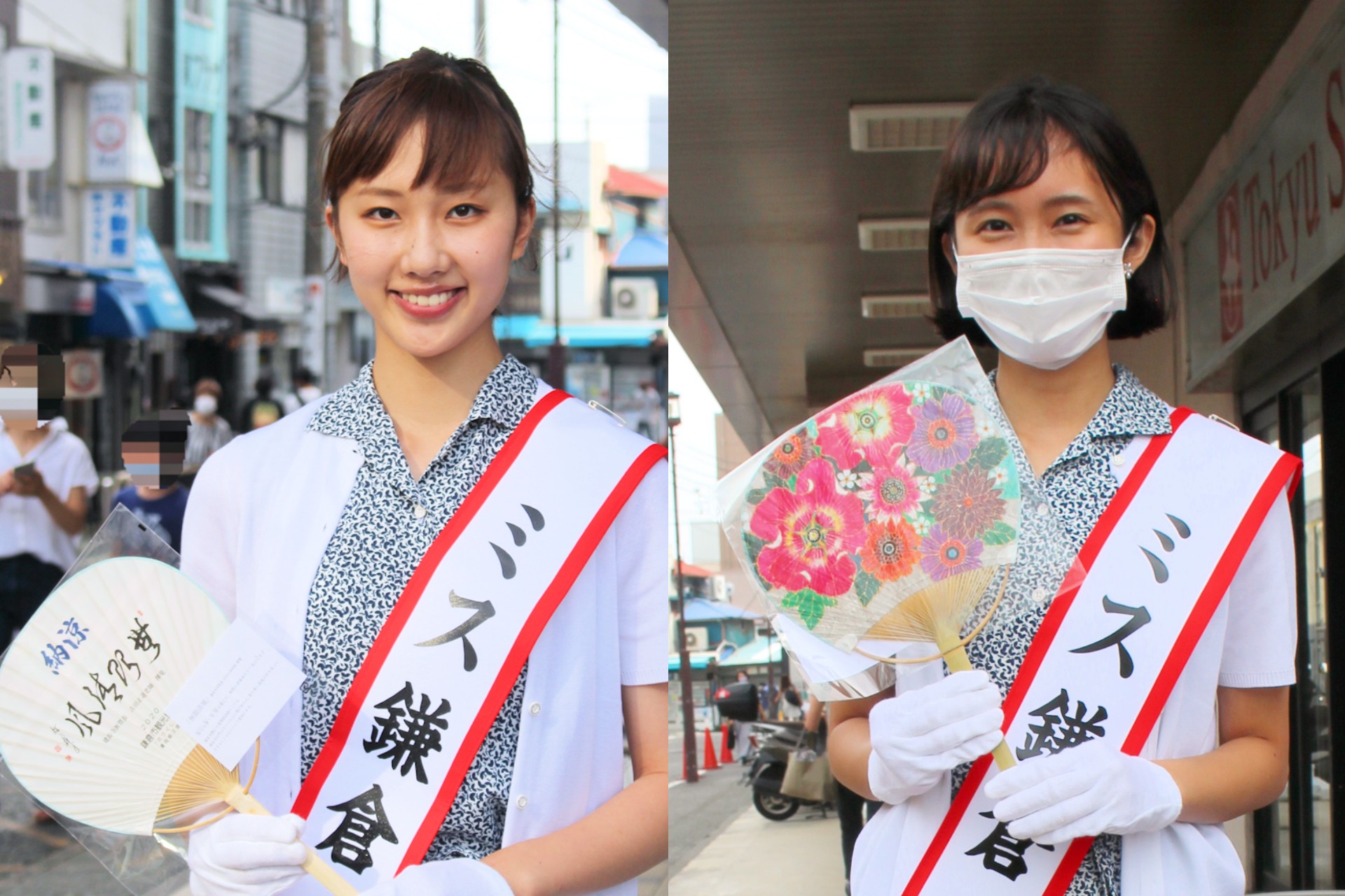 ミス鎌倉の森田観菜美さんと中塚星来さん（納涼うちわ販売 東急ストア鎌倉店店頭 神奈川県鎌倉市）