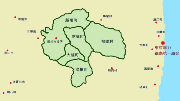 田村市の旧町村の配置図（境界線は結構アバウトです）