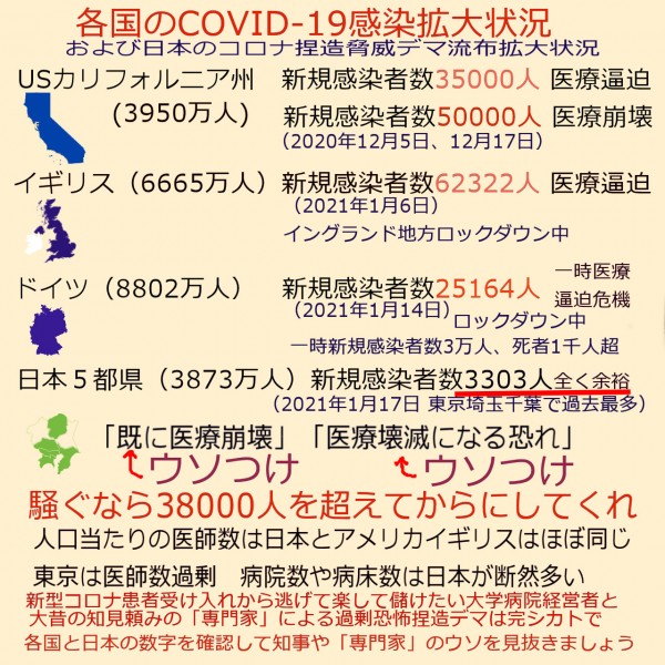 コロナウィルスによる欧米での深刻な脅威の状況と日本での深刻な捏造脅威デマの状況（2021年1月時点）